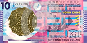 20 hong kong cent coin 1997 against 10 hong kong dollar note