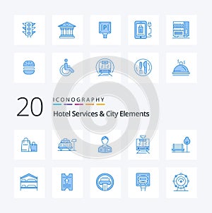 20 Hotel Services And City Elements Blue Color icon Pack like banch  service bellboy public service