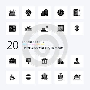 20 Hotel Services And City Elements Solid Glyph icon Pack like bellboy handbag hotel bag  service