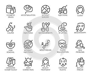 20 icons on cosmetology theme isolated. Beauty therapy, medicine, healthcare, wellness treatment linear symbolsc