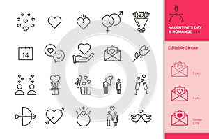20 icons of love and romance for occasions like wedding, valentine`s day, datings, honeymoon etc. In vector format with editable