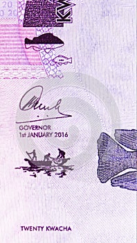 20 Kwacha banknote. Issued on 2012, Bank of Malawi. Issue 2012. Fragment: Fishermen fishing