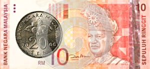 20 malaysian sen coin against 10 malaysian ringgit bank note