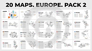 20 Maps. Europe. Vector map infographic templates. Pack 2. Slide presentation. All countries divided into regions