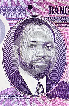 20 Meticais polymer banknote, Bank of Mozambique, closeup bill fragment shows Samora Moises Machel