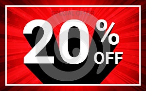 20% OFF Sale. White color 3D text and black shadow on red burst background design.