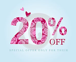 20 off. Twenty percent discount. Pink roses