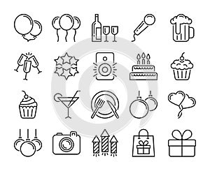 20 Party icons. Celebration Party line icon set. Vector illustration.