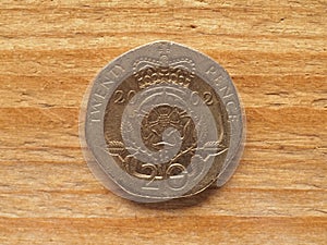 20 pence coin, obverse side showing the Queen, currency of the U