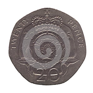 20 pence coin, reverse, currency of the UK isolated over white