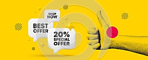 20 percent discount offer. Sale price promo sign. Hand showing thumb up like. Vector