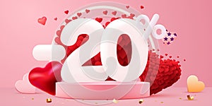 20 percent Off. Discount creative composition. 3d sale symbol with decorative objects. Valentine's day promo. Sale