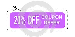 20 percent off price discount. Coupon mockup with dotted cut line and scissors icon isolated on white background. Vector