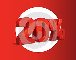 20 percent off, sale background, red metall object 3D.