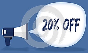 20 PERCENT OFF writing in speech bubble with megaphone or loudspeaker.