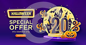 20 percents off. Halloween sale banner template. Podium and numbers with amount of discount. Special October offer