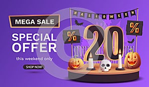 20 percents off. Halloween sale banner template. Podium and numbers with amount of discount. Special October offer. Vector