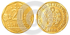 20 Peruvian nuevo sol centimos coin
