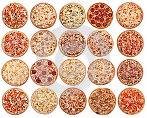 20 pizzas on a white background. View from above