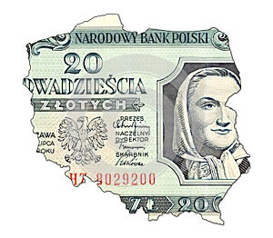 20 polish zloty bank note 1948 in shape of poland