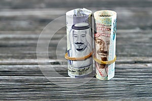 20 SAR Twenty Saudi Arabia money roll riyals banknotes, Saudi riyals cash money bills rolled up with rubber bands features images