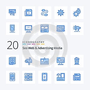 20 Seo Web And Advertising Media Blue Color icon Pack like gear screen postoffice monitor pass