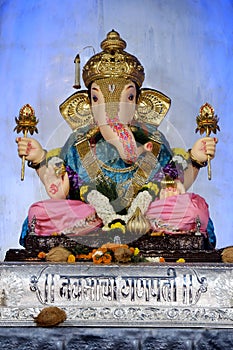 20 September 2023, Pune, Maharashtra, India, Beautiful sculpture of Lord Ganesh called as Babu Genu Ganapati pandal near Mandai