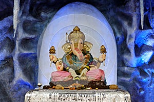 20 September 2023, Pune, Maharashtra, India, Beautiful sculpture of Lord Ganesh called as Babu Genu Ganapati pandal near Mandai