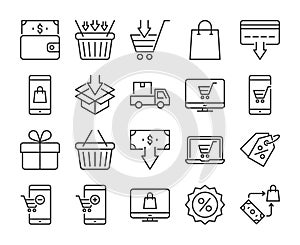 20 Shopping icons. E-commerce line icon set. Vector illustration. Editable stroke.