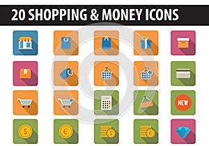 20 Shopping & Money Icons squere long shadow