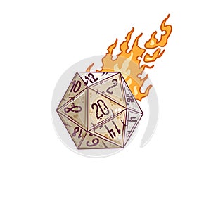 20 sided dice with numbers. Cartoon dice for fantasy dnd and rpg Board game. Magic fire isolated on white
