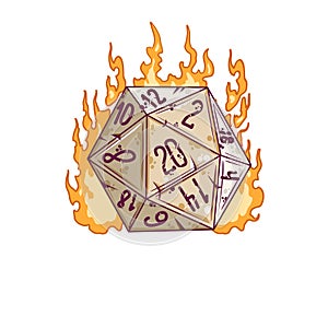 20 sided dice with numbers. Cartoon dice for fantasy dnd and rpg Board game. Magic fire isolated on white