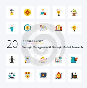 20 Strategic Management And Strategic Market Research Flat Color icon Pack like business business book flowchat graph