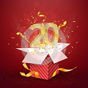 20 th years number anniversary and open gift box with explosions confetti isolated design element. Template twenty twentieth