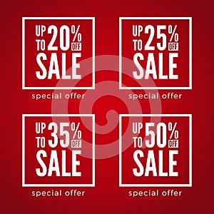 20 to 50 percent off sale discounts set on red background. Special offer