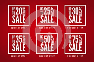 20 to 75 percent off sale discounts set on red background. Special offer