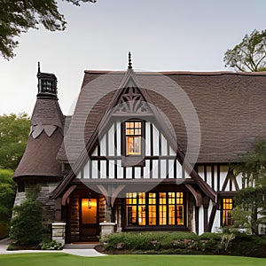 20 A Tudor Revival-style cottage with a steeply pitched roof, half-timbering, and a cozy feel1, Generative AI