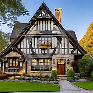 20 A Tudor Revival-style cottage with a steeply pitched roof, half-timbering, and a cozy feel3, Generative AI