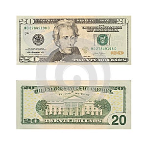 20, twenty dollar of The United States of America banknote. US currency. Money isolated on white background. Financial investment