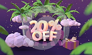20 Twenty percent off 3D illustration in cartoon style. Summer clearance, sale, discount concept