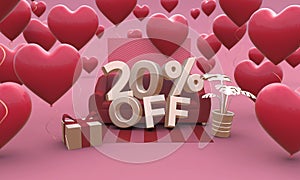 20 twenty percent off - Valentines Day Sale 3D-illustration.