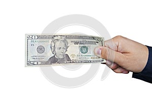 20 US dollar banknotes in hand isolated white background.