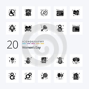 20 Womens Day Solid Glyph icon Pack like day women celebrate book gift day