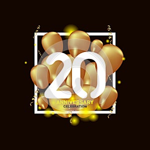 20 Year Anniversary White Gold Balloon Vector Template Design Illustration