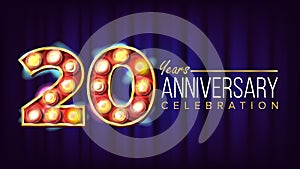 20 Years Anniversary Banner Vector. Twenty, Twentieth Celebration. Lamp Background Digits. For Flyer, Card, Wedding