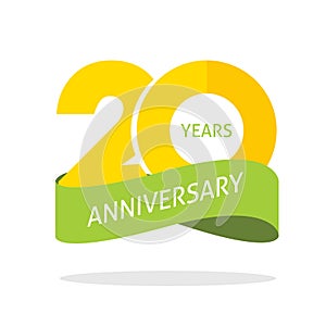 20 years anniversary celebrating vector logo icon in yellow orange green color, number 20th year birthday label tag sign