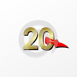 20 Years Anniversary Celebration Gold With Red Ribbon Vector Template Design Illustration