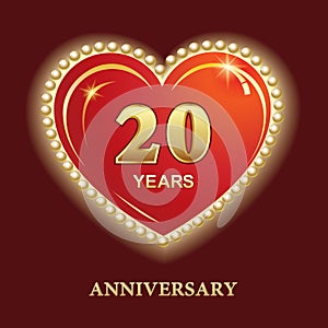 20 years anniversary  greeting card  icon  logo  banner. Vector design with heart shape on red background for 20th birthday