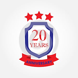 20 years anniversary icon or emblem. 20th anniversary label. Celebration, invitation and congratulation design element. Colorful v