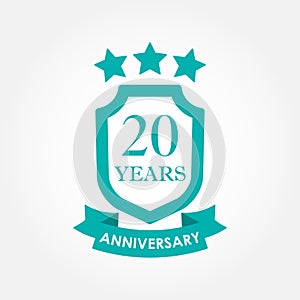 20 years anniversary icon or emblem. 20th anniversary label. Celebration, invitation and congratulation design element. Colorful v